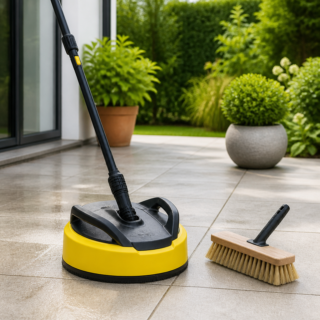 Terrassenreiniger mit Bürste auf einer gepflegten Steinterrasse