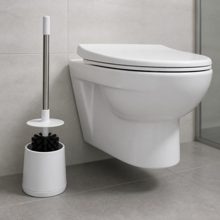 Toilettenbu00fcrste mit langem Griff und Spritzschutz neben einer Toilettenschu00fcssel