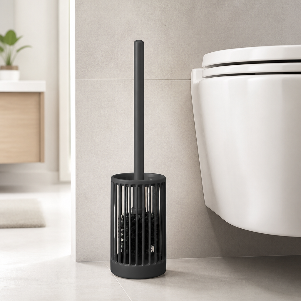 Moderne Toilettenbürste mit Bürstenkopf und belüftetem Halter in einem hellen Badezimmer