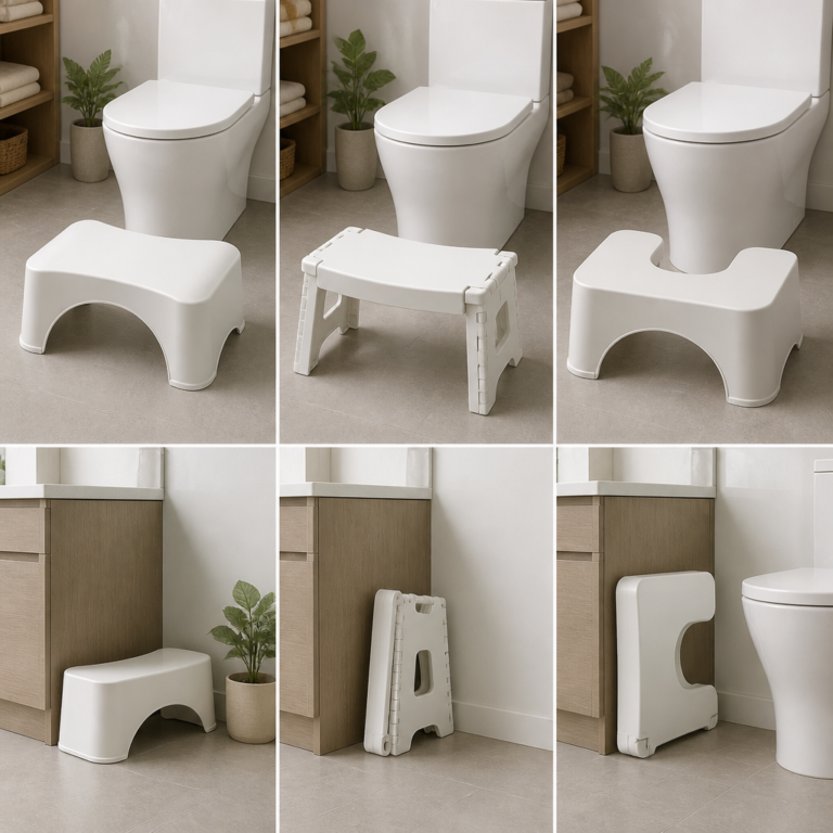Drei unterschiedliche Bauarten von Toilettenhockern im Vergleich