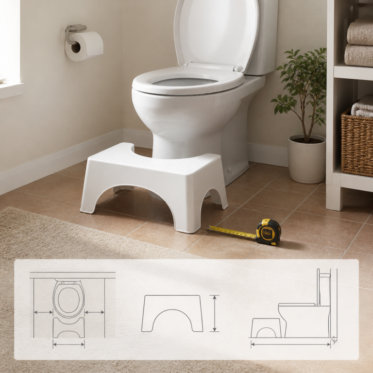Toilettenhocker mit Mau00dfband zur Pru00fcfung von Hu00f6he und verfu00fcgbarem Platz
