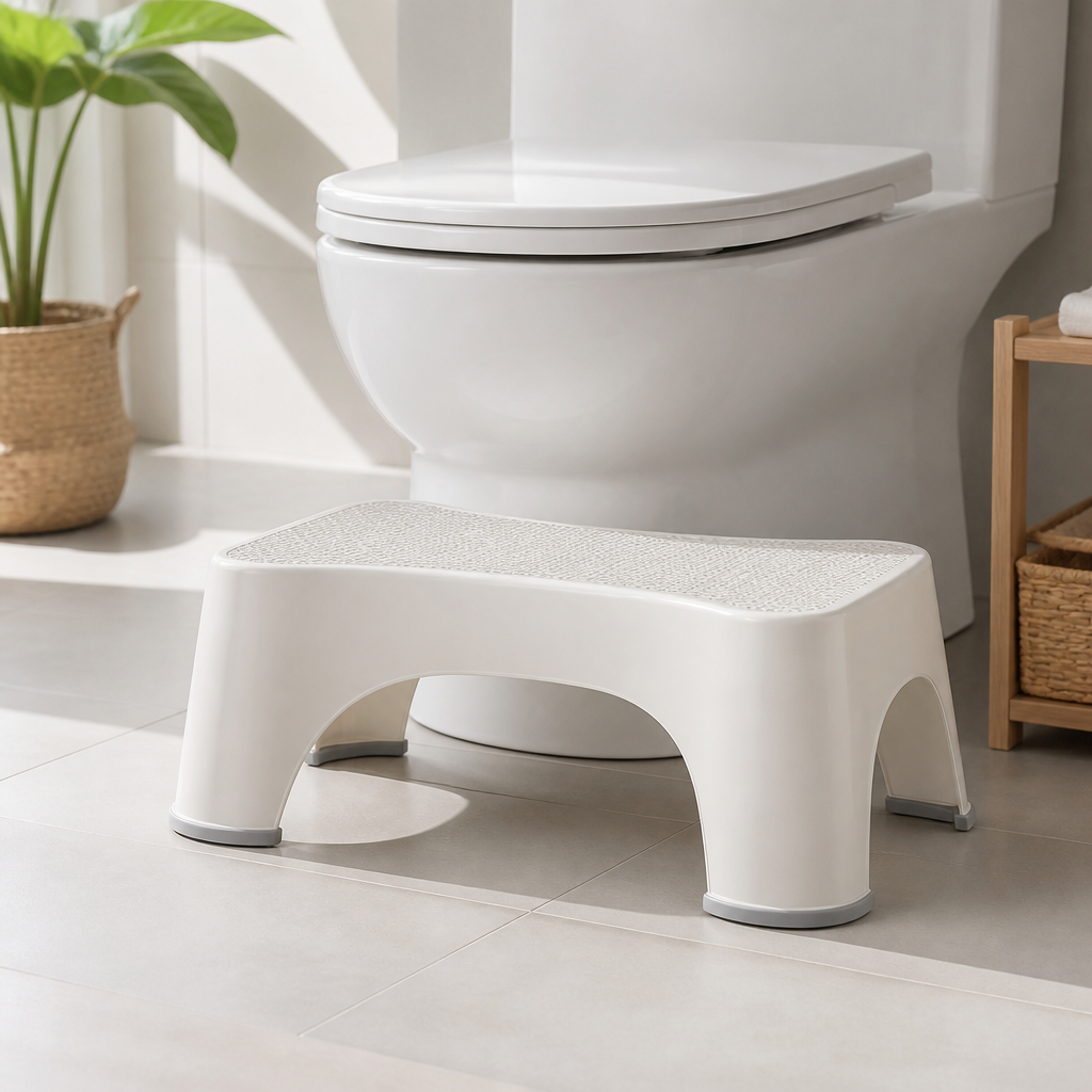 Toilettenhocker als Fußstütze vor einer weißen Toilette im hellen Badezimmer