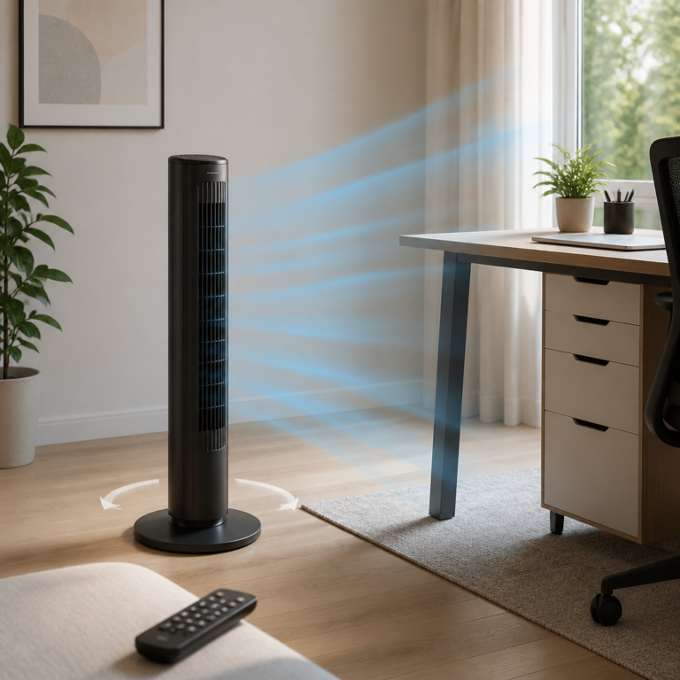 Turmventilator neben einem Schreibtisch mit freiem Luftweg
