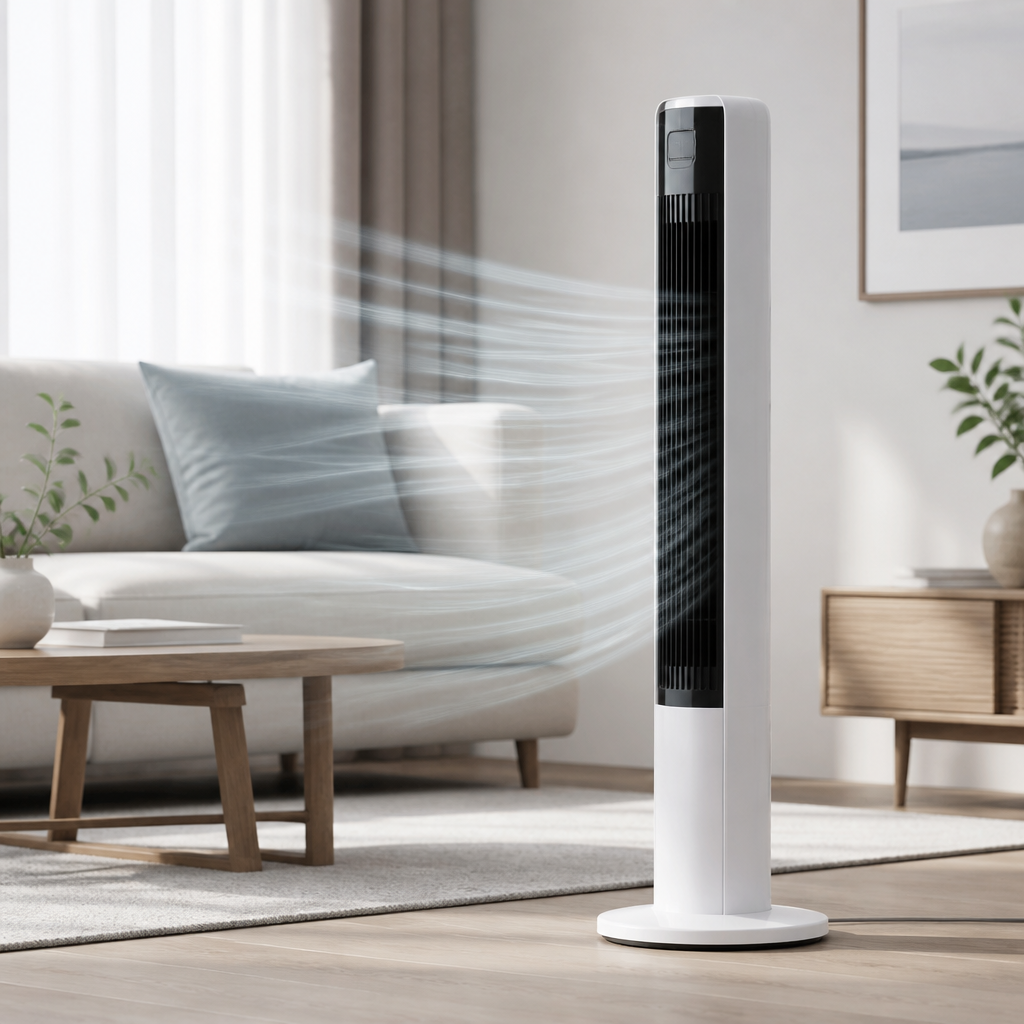 Schlanker Turmventilator in einem hellen Wohnzimmer