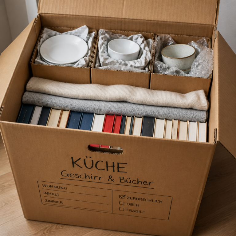Sicher gepackter Umzugskarton mit Bu00fcchern, Textilien und gepolstertem Geschirr