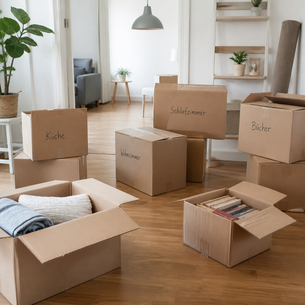 Mehrere beschriftete Umzugskartons in unterschiedlichen Größen beim Packen einer Wohnung