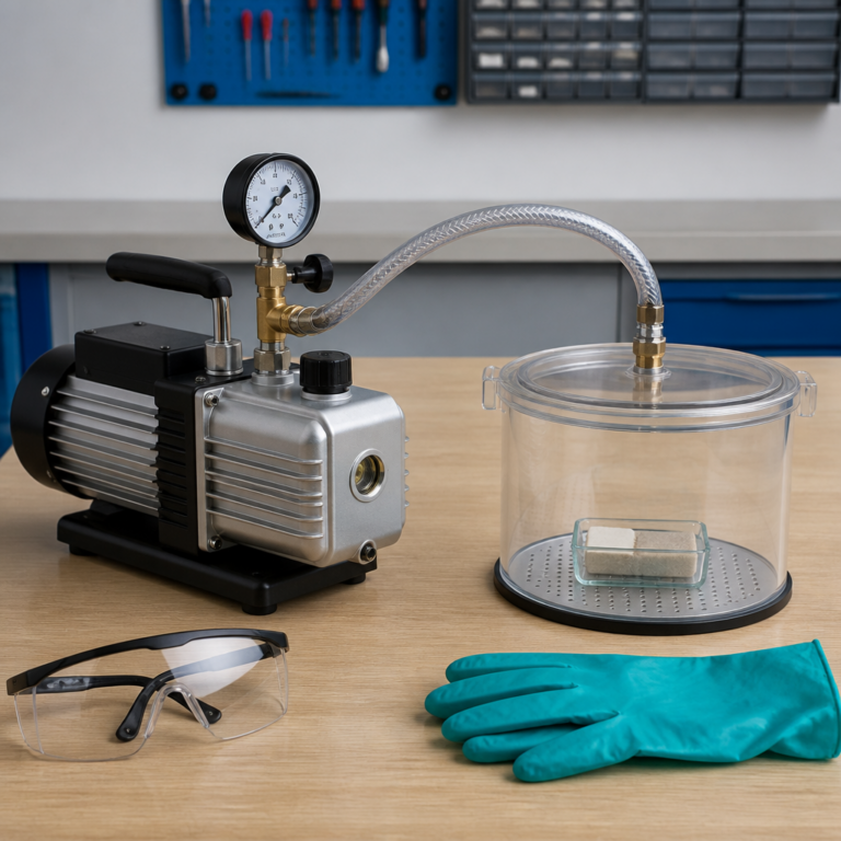 Sicher angeschlossene Vakuumpumpe mit Manometer und Schutzutensilien