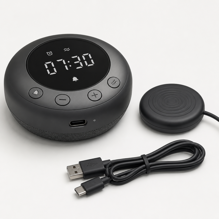 Bedientasten, Display und Ladeanschluss eines Vibrationsweckers
