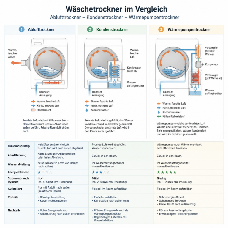 Schematischer Vergleich der drei gu00e4ngigen Wu00e4schetrockner-Bauarten