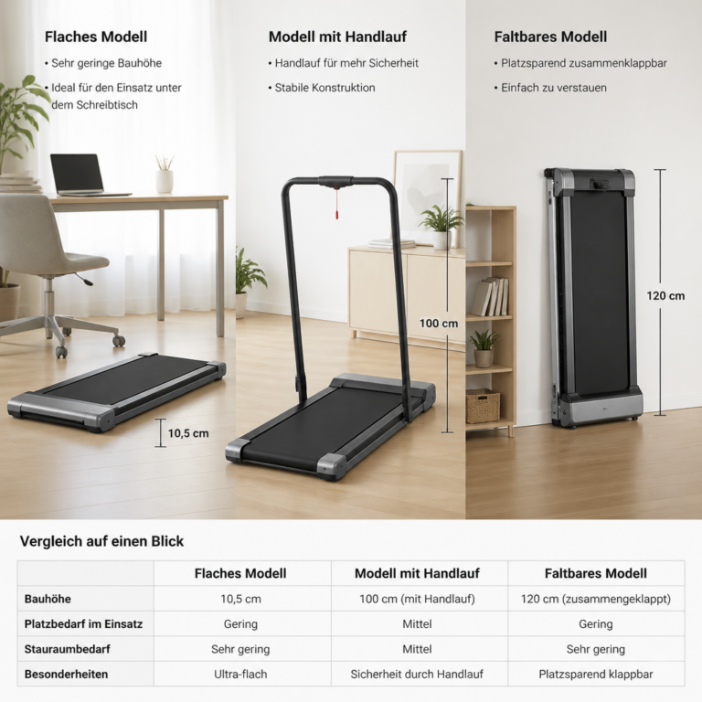 Vergleich verschiedener Walking-Pad-Bauformen mit und ohne Handlauf