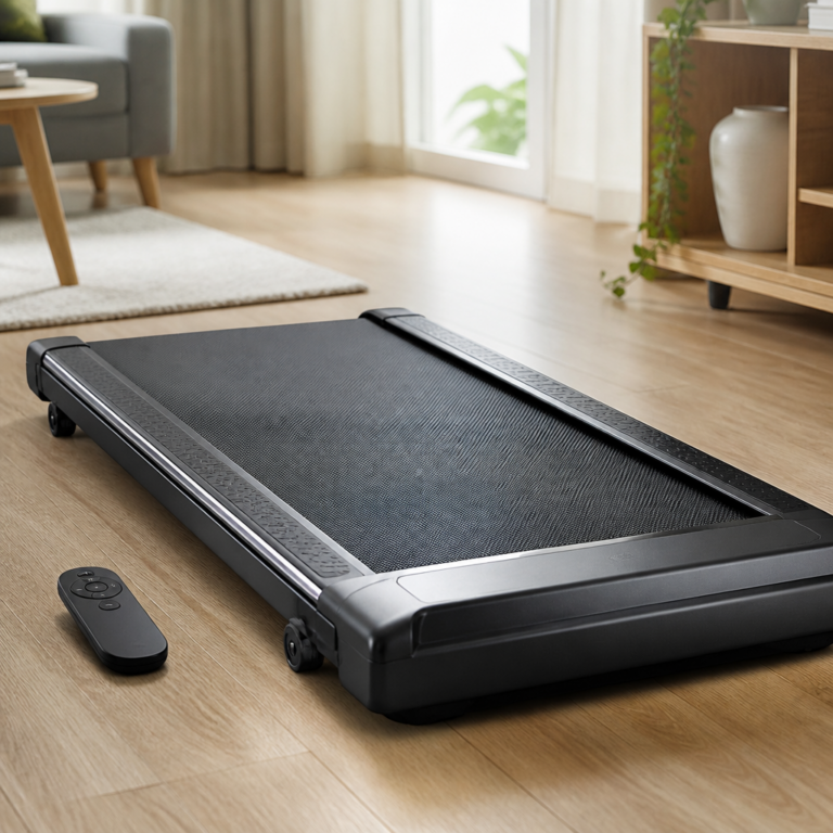 Detailansicht von Laufflu00e4che, Rollen und Fernbedienung eines Walking Pads