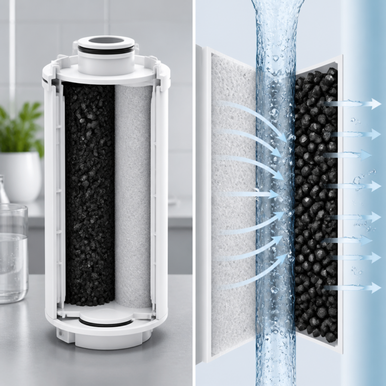 Aufbau einer Wasserfilterkartusche mit Aktivkohle und Vorfilter