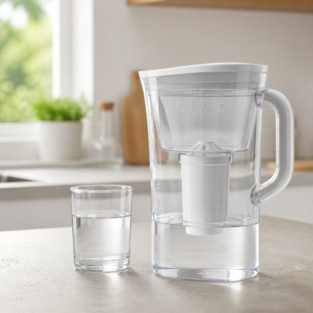 Wasserfilter mit sichtbarer Filterkartusche auf einer Küchenarbeitsplatte