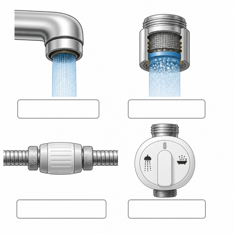Verschiedene Bauformen von Wassersparreglern fu00fcr Armaturen und Dusche