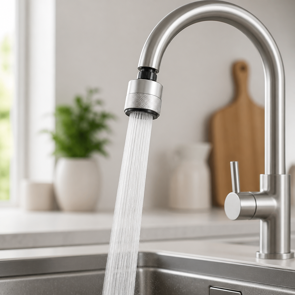 Wassersparregler an einem Küchenwasserhahn mit gleichmäßigem Wasserstrahl