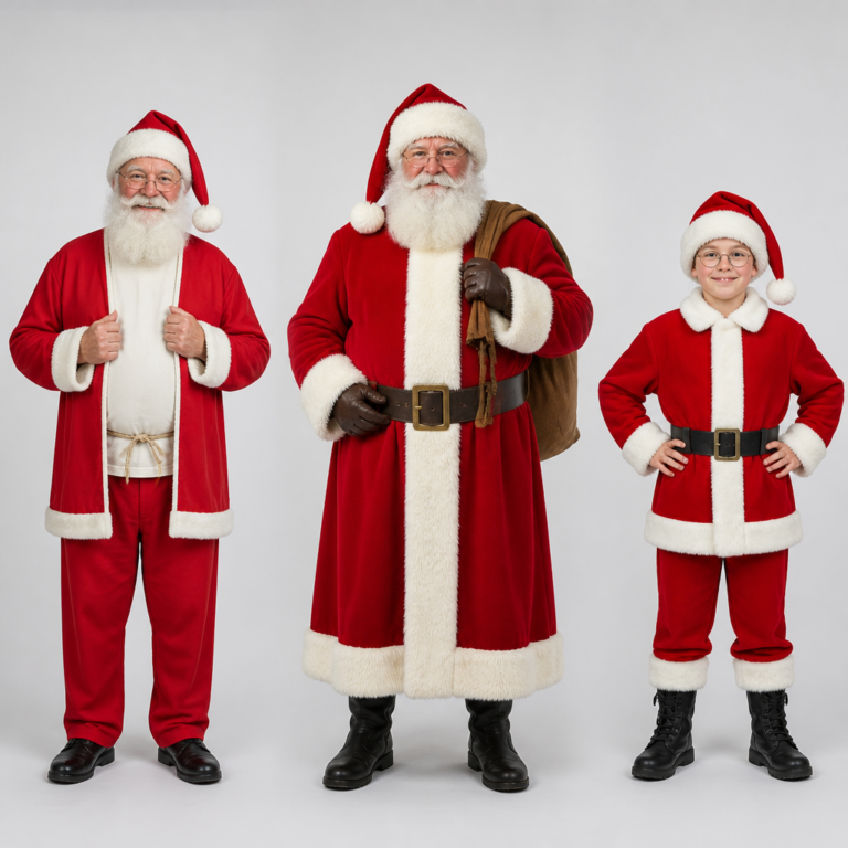 Vergleich verschiedener Weihnachtsmannkostu00fcm-Varianten fu00fcr drinnen, drauu00dfen und Kinder