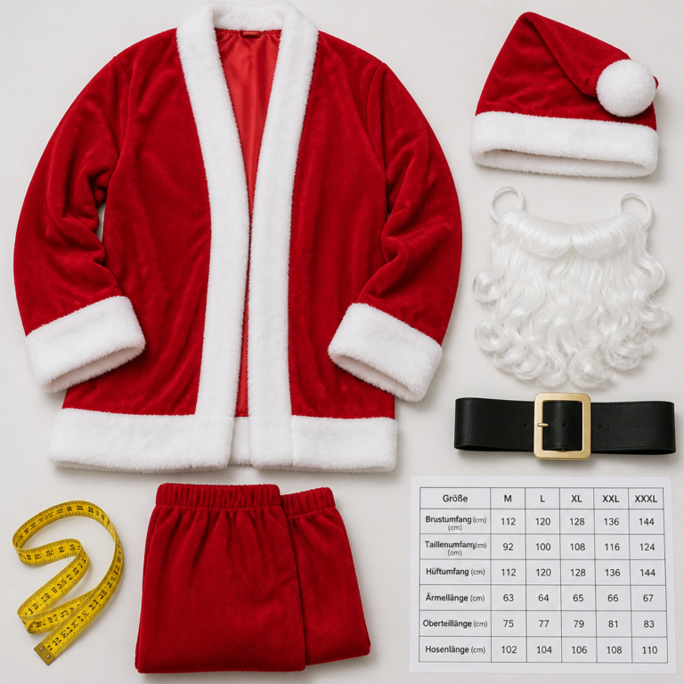 Weihnachtsmannkostu00fcm mit Mau00dfband und Zubehu00f6r zur Pru00fcfung von Gru00f6u00dfe und Lieferumfang