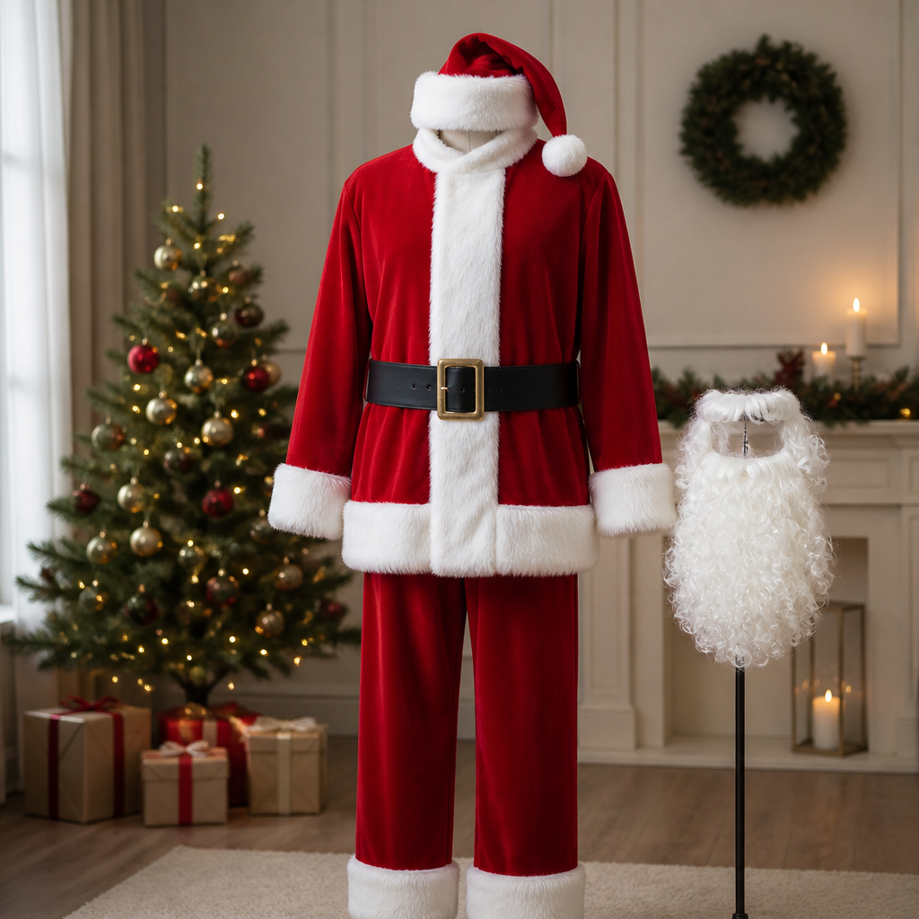 Klassisches Weihnachtsmannkostüm mit rotem Mantel, Mütze, Gürtel und weißem Bart