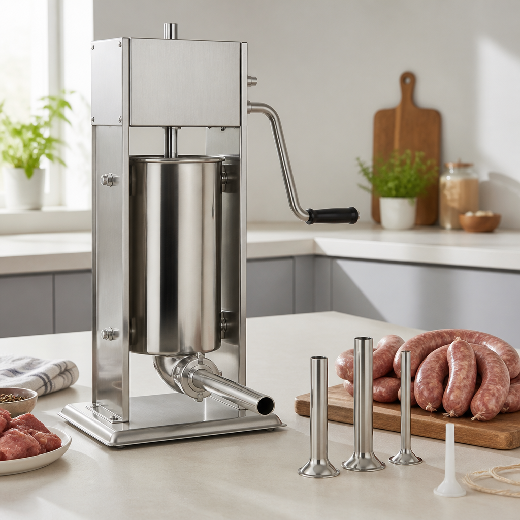 Wurstfüller aus Edelstahl mit Füllrohren und vorbereiteten Wursthüllen auf einer Küchenarbeitsfläche
