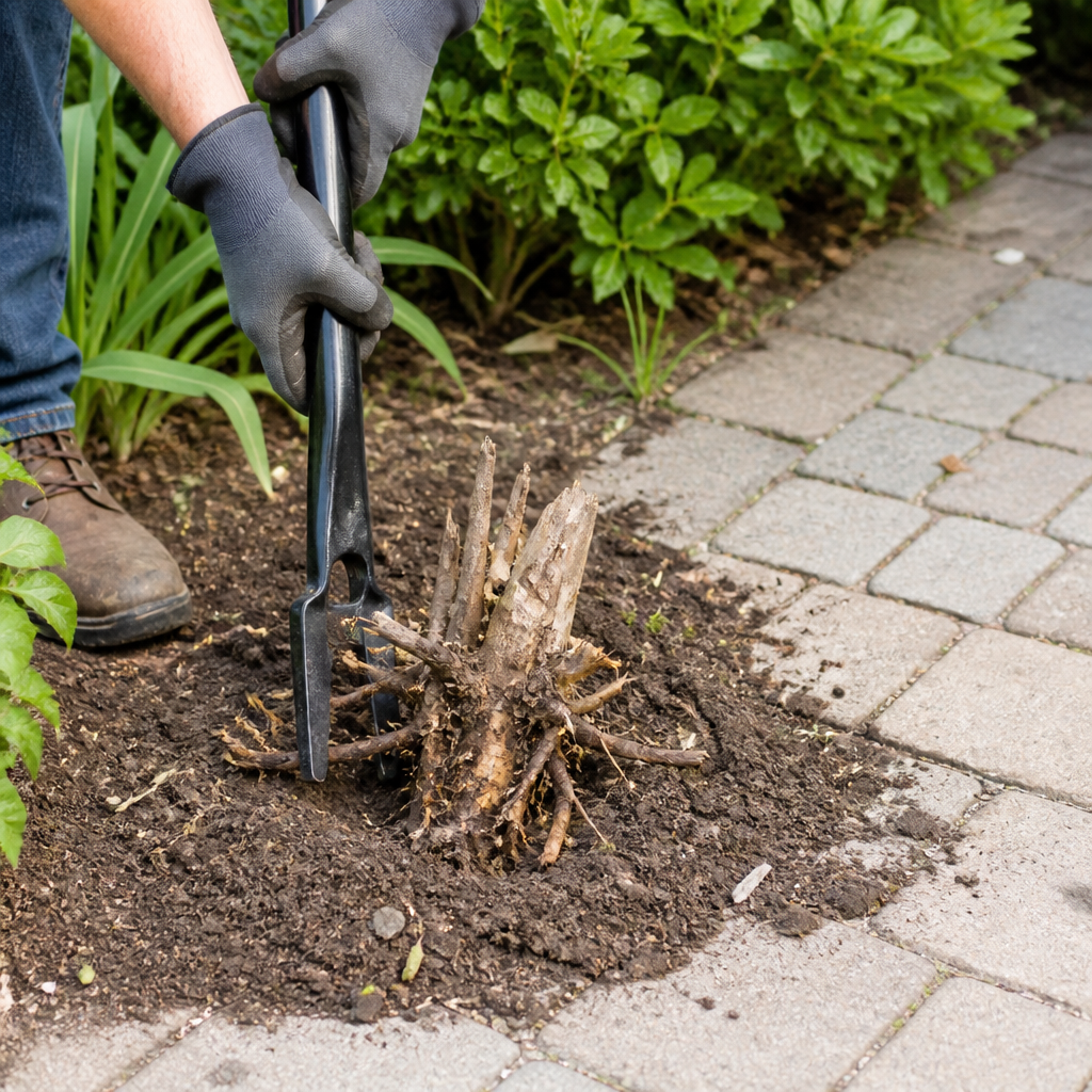 Wurzelstecher entfernt einen kleinen Wurzelstock aus dem Gartenboden