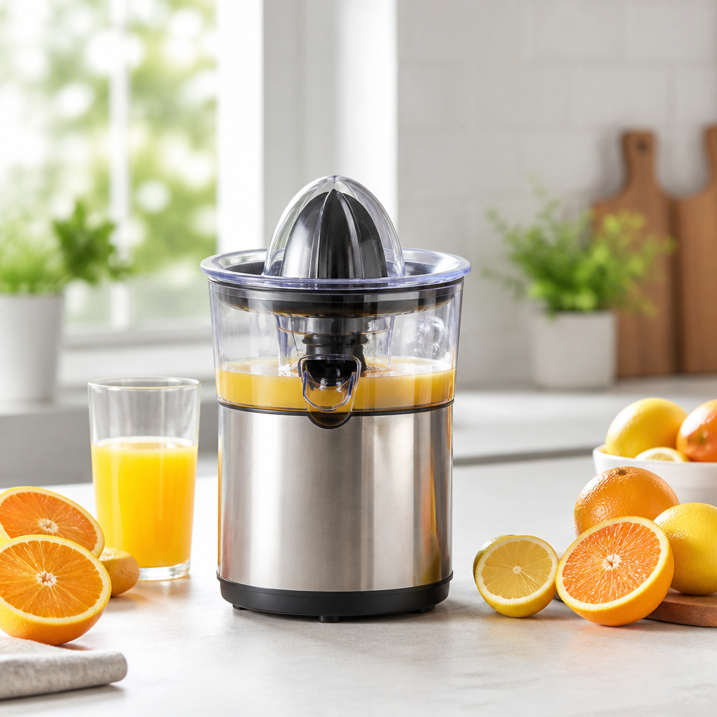 Zitruspresse mit halbierten Orangen, Zitronen und einem Glas frischem Saft