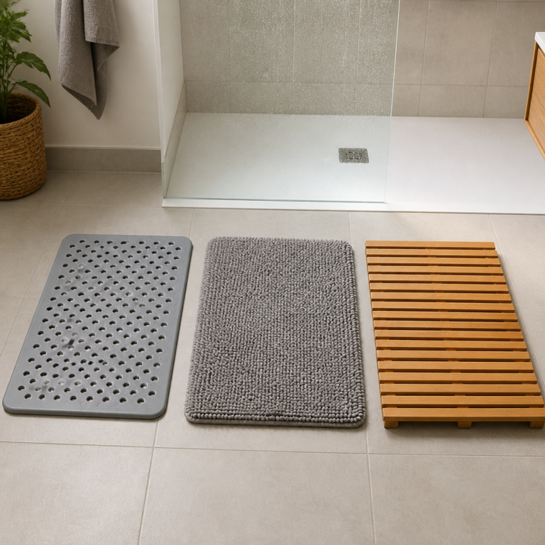 Vergleich von Kunststoffmatte, Textilmatte und Holzrost im Badezimmer
