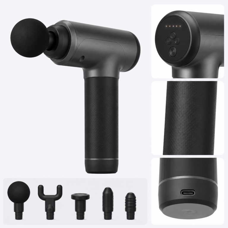 Ergonomischer Griff, Bedientasten und Ladeanschluss eines Massagegeru00e4ts