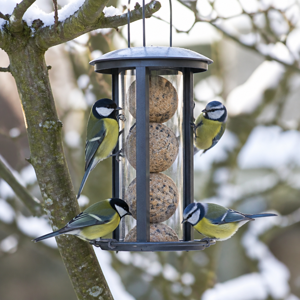 Meisenknödel in einem Futterspender mit Meisen im winterlichen Garten