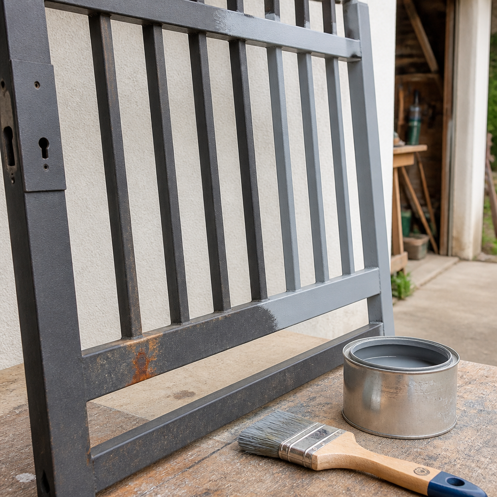 Metalltor beim Vorbereiten und Lackieren mit Metallschutzlack