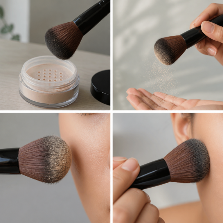 Puderpinsel mit kleiner Produktmenge beim kontrollierten Auftrag