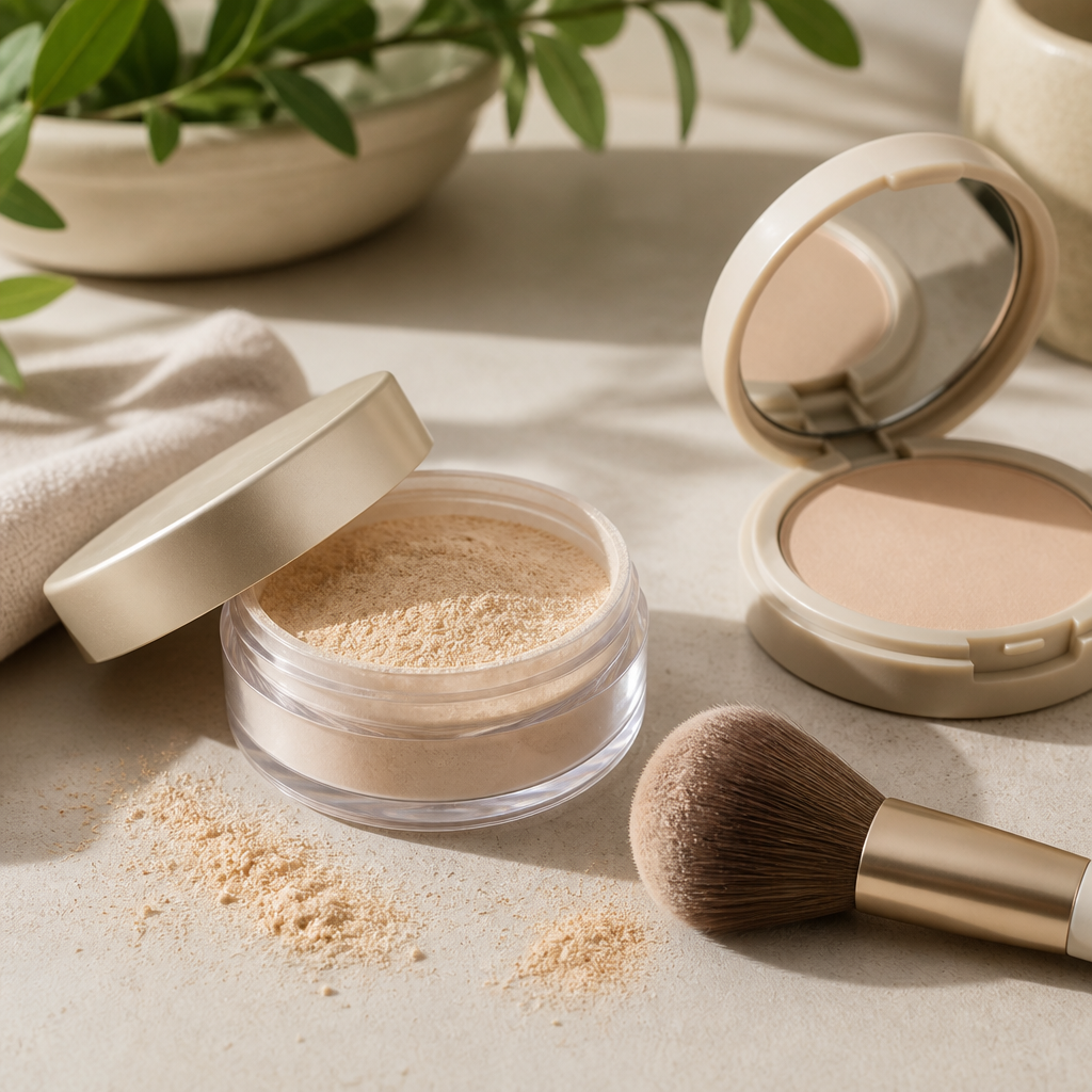 Lose und gepresste Mineralpuder-Produkte mit Make-up-Pinsel in neutraler Umgebung