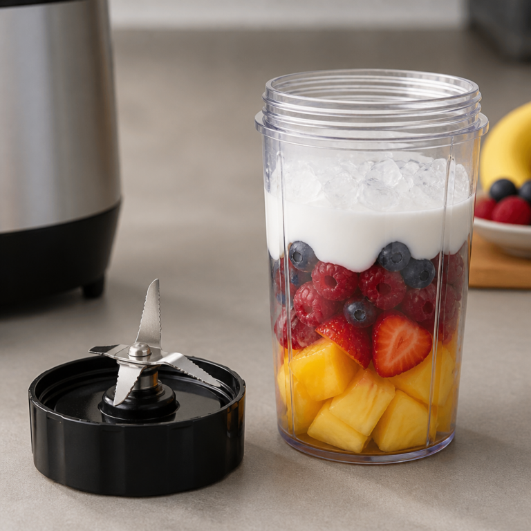 Messeraufsatz eines Mini-Mixers neben vorbereiteten Smoothie-Zutaten