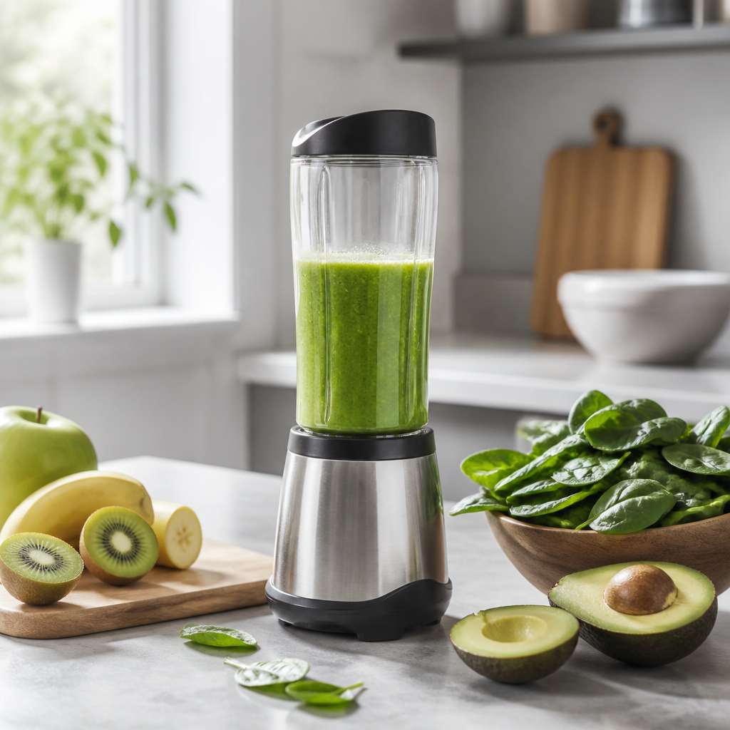 Kompakter Mini-Mixer mit Trinkbehälter und frischem Smoothie in einer hellen Küche