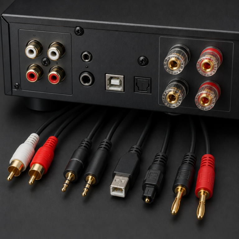 Anschlu00fcsse auf der Ru00fcckseite eines kompakten Audioverstu00e4rkers