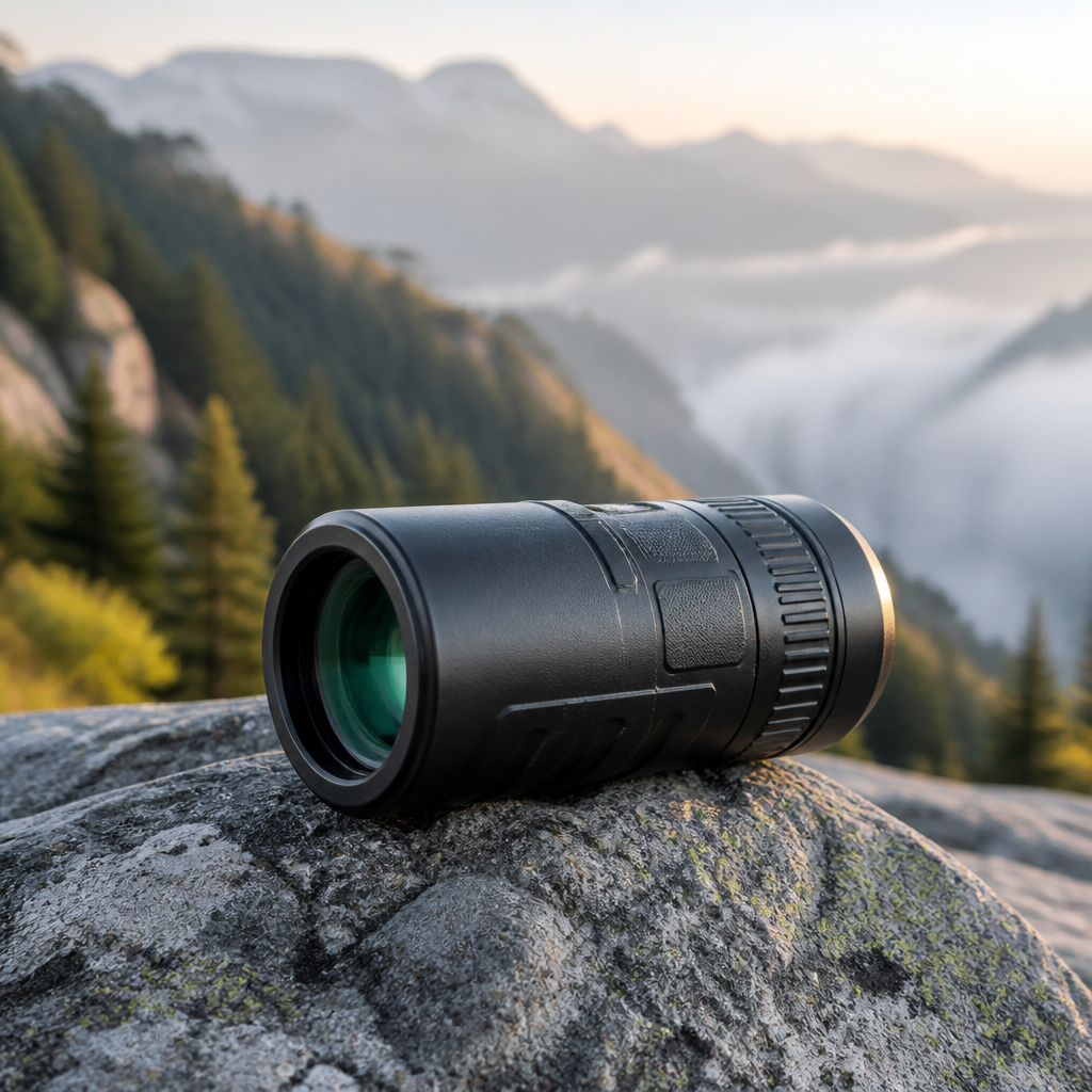 Kompaktes Monokular auf einem Felsen vor einer unscharfen Berglandschaft