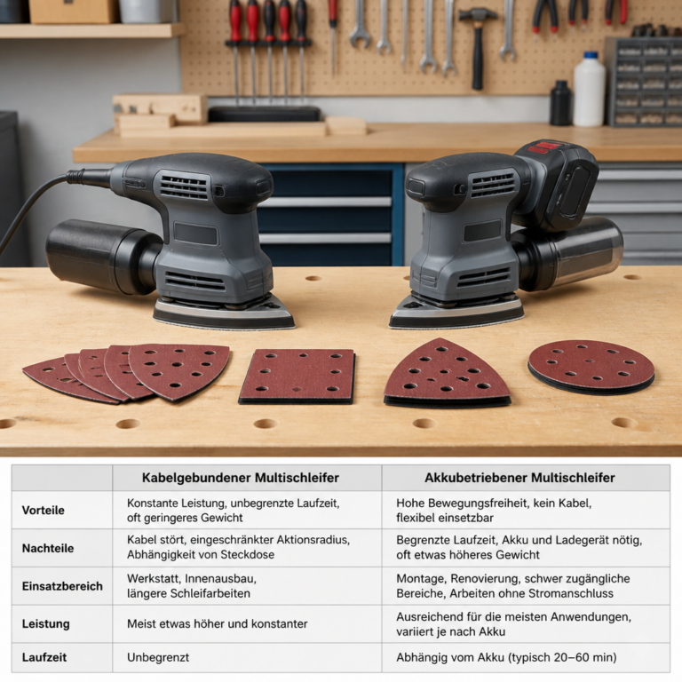 Kabelgebundener und akkubetriebener Multischleifer mit unterschiedlichen Schleifplatten