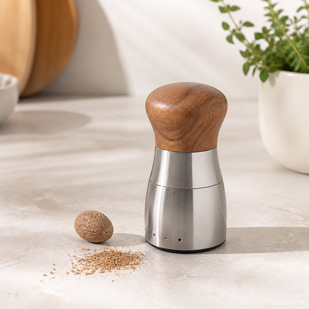 Muskatmühle mit ganzer Muskatnuss und frisch geriebenem Gewürz auf einer Küchenarbeitsplatte
