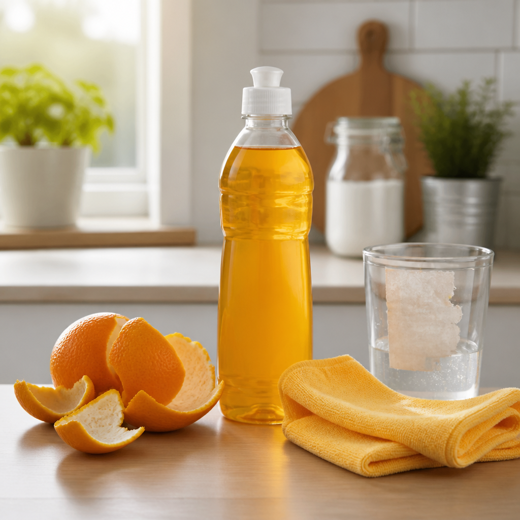 Orangenölreiniger mit Orangenschalen und Reinigungstuch neben einem Glas mit Kleberesten