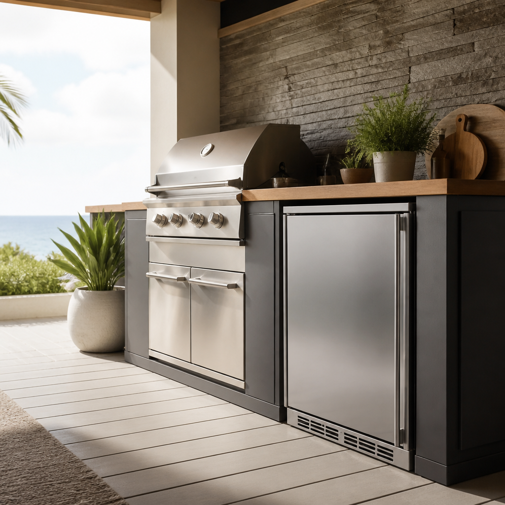 Outdoor-Kühlschrank in einer überdachten Außenküche auf einer Terrasse