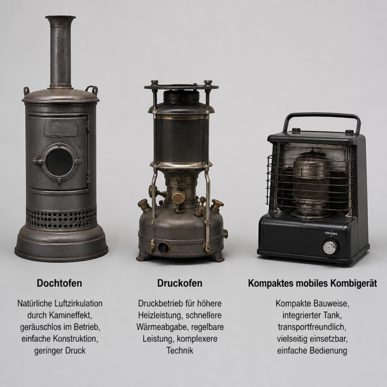 Vergleich von Dochtofen, Druckofen und mobilem Petroleumofen