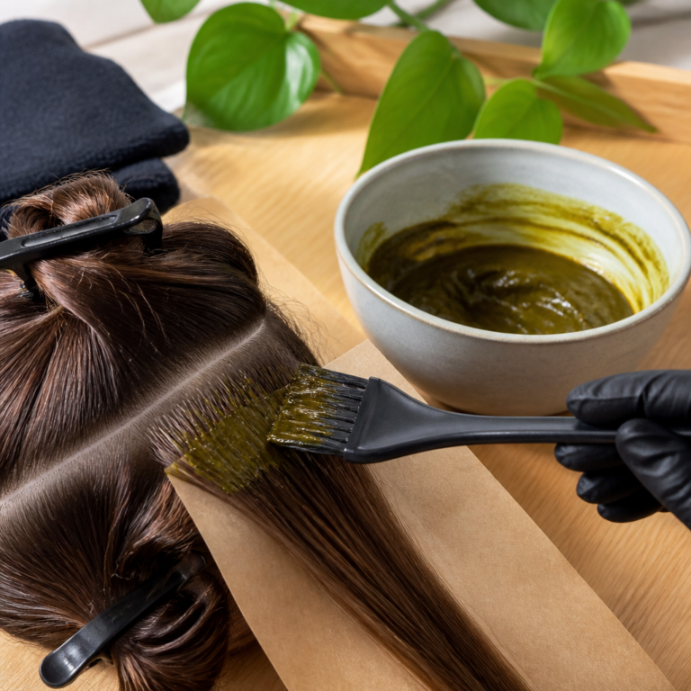 Abgeteilte Haarpartien und Utensilien fu00fcr die Anwendung pflanzlicher Haarfarbe