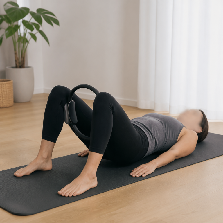 Kontrollierte Pilates-u00dcbung mit einem Ring zwischen den Oberschenkeln