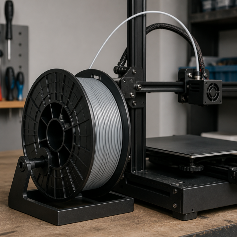 PLA-Filament auf einer Spule neben einem FDM-3D-Drucker