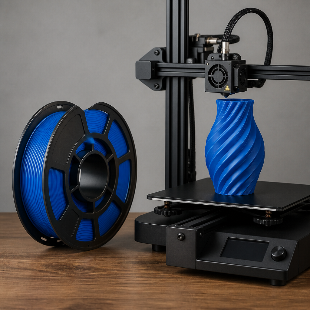 PLA-Filament-Spule neben einem FDM-3D-Drucker