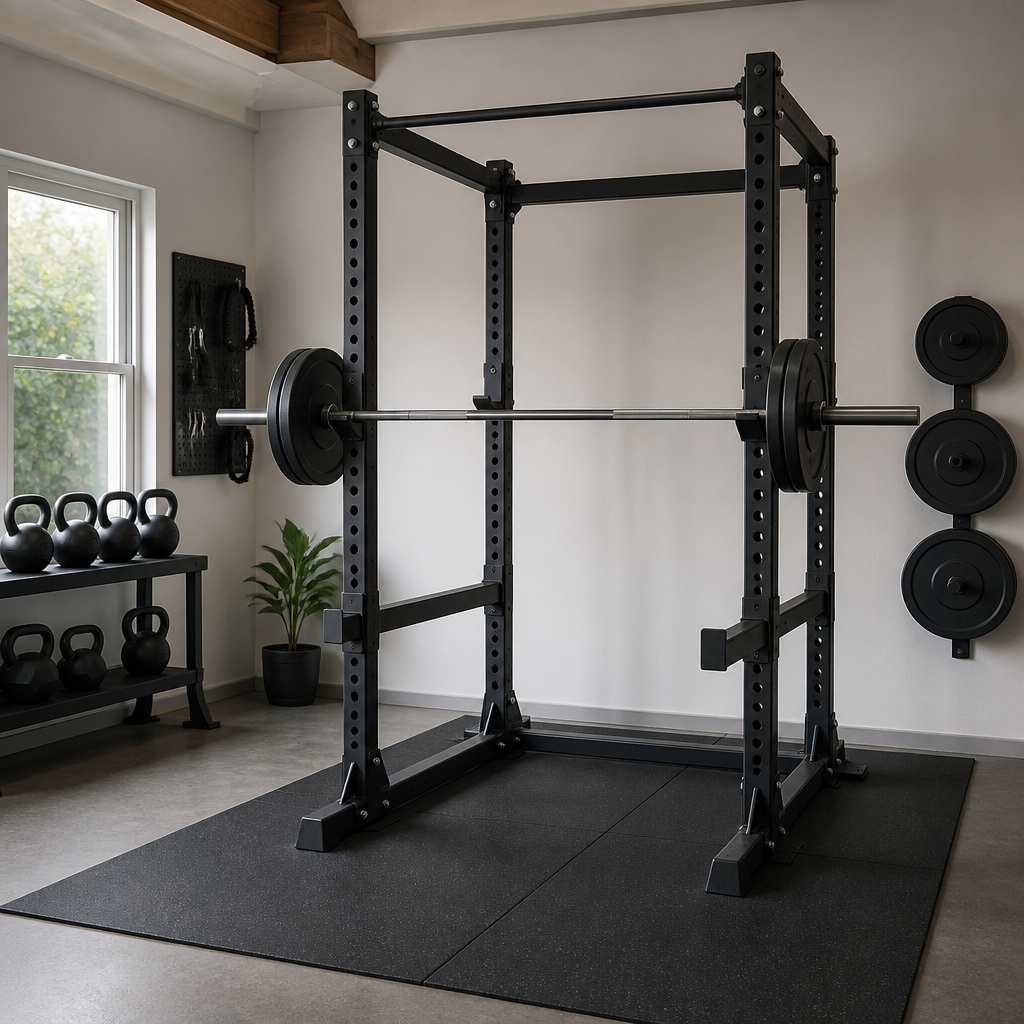 Stabiles Power-Rack mit Langhantel und Sicherheitsarmen in einem Heimstudio