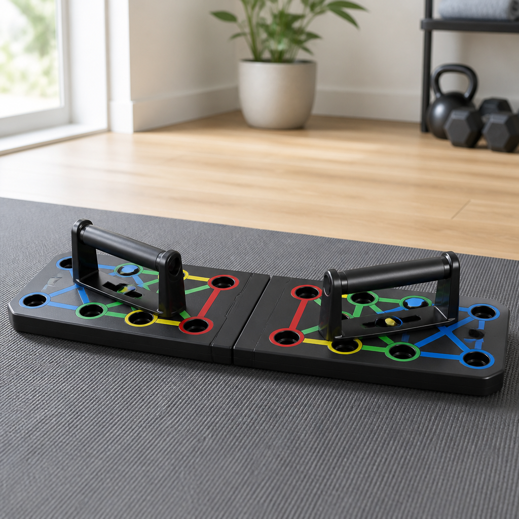 Push-up-Board mit markierten Griffpositionen auf einer Trainingsmatte