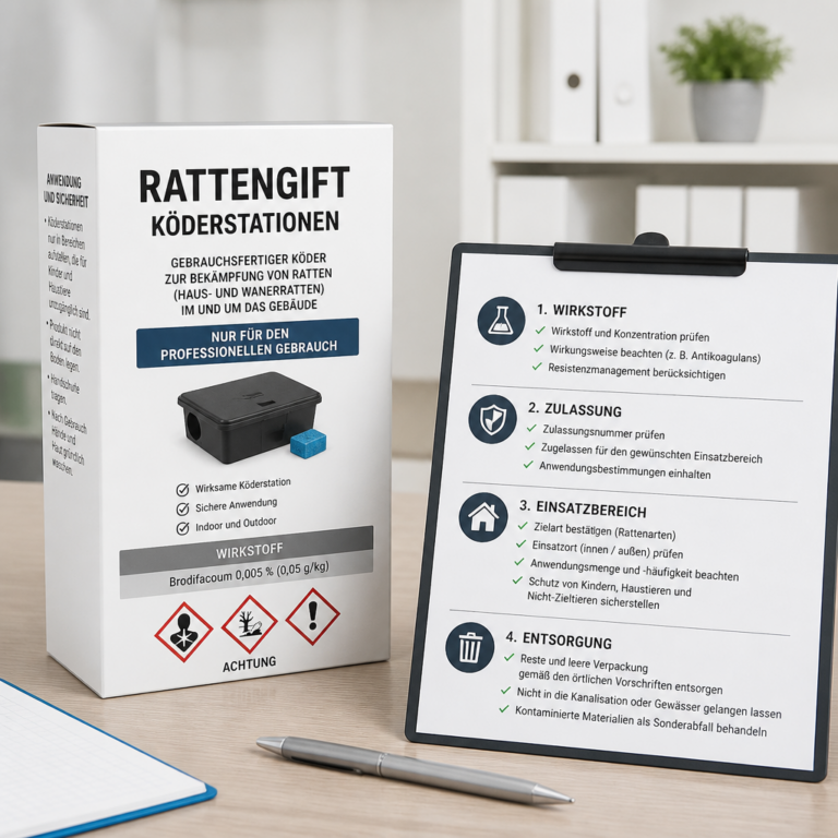 Produktetikett und Checkliste mit wichtigen Auswahlkriterien fu00fcr Rattengift
