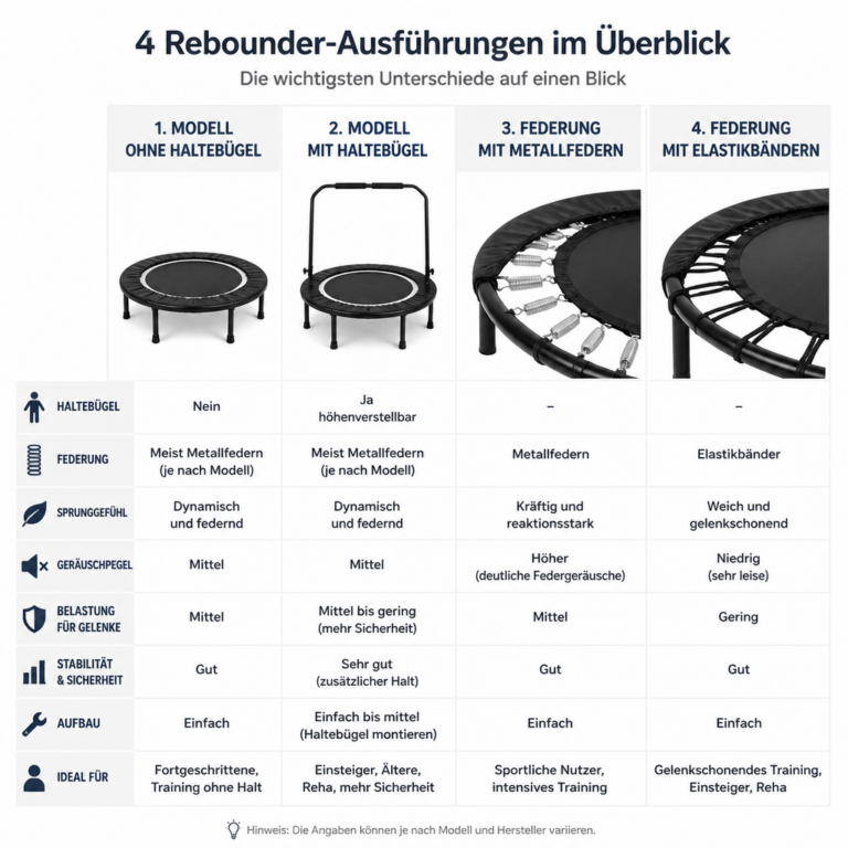 u00dcbersicht verschiedener Rebounder-Ausfu00fchrungen mit und ohne Haltebu00fcgel sowie mit Federn oder Elastikbu00e4ndern