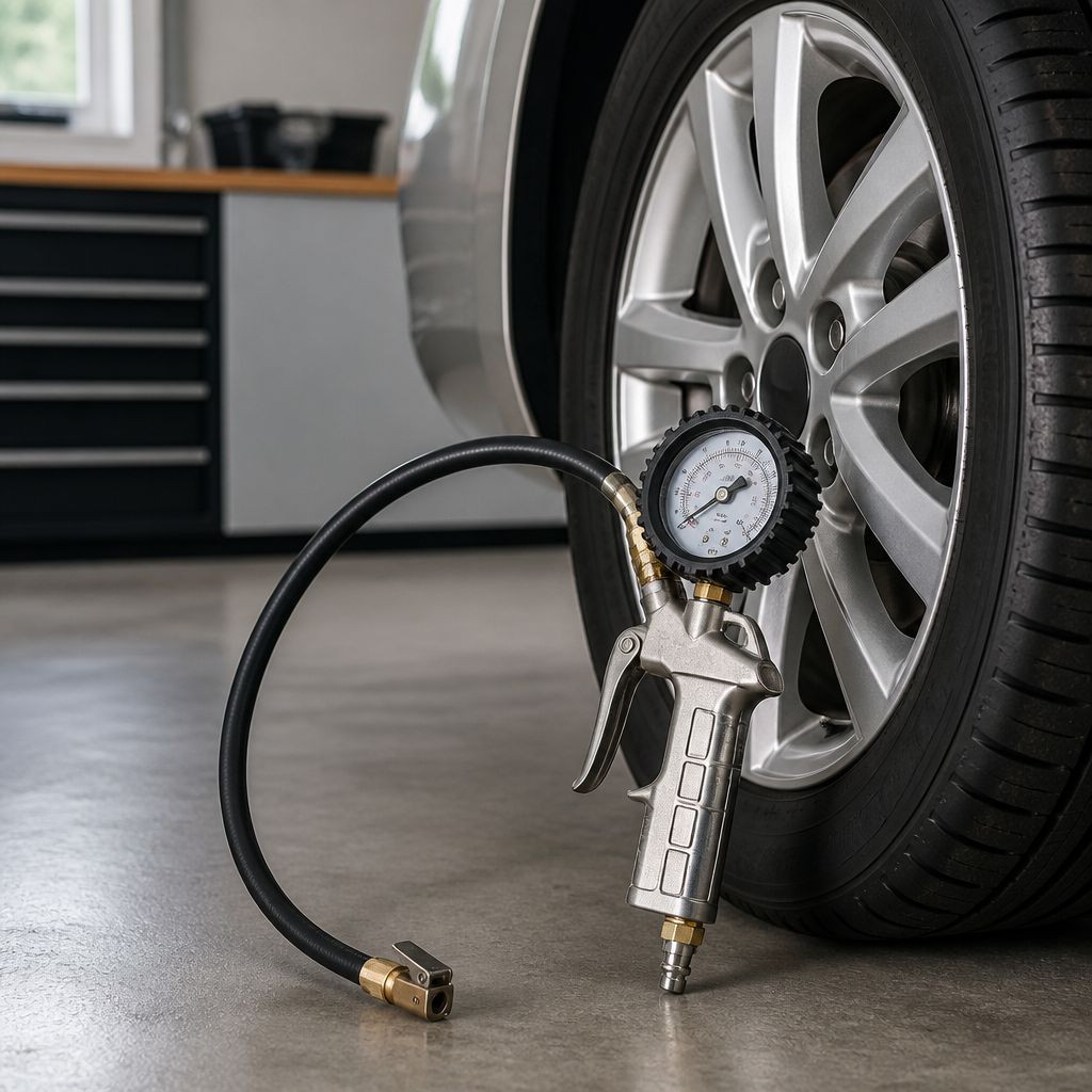 Reifenfüller mit Manometer und Schlauch an einem Autoreifen