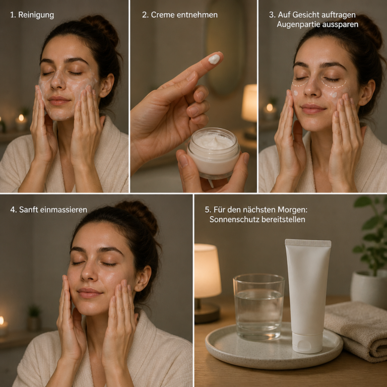 Abendliche Anwendung einer kleinen Menge Retinol-Creme mit ausgesparter Augenpartie